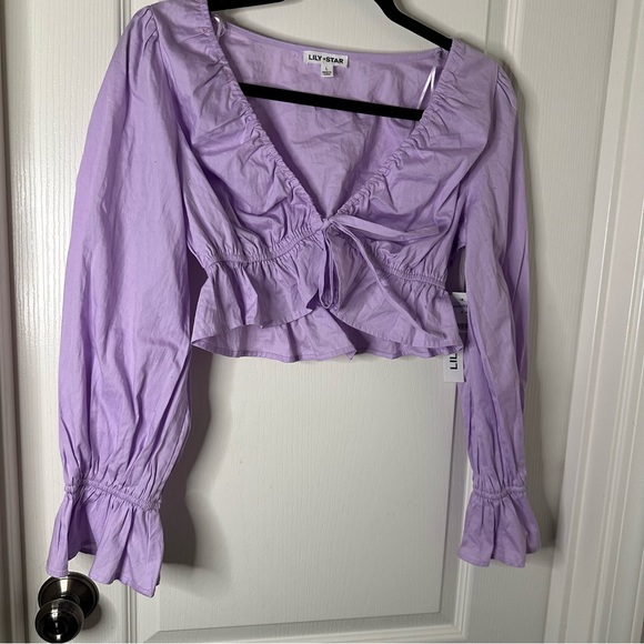LILY STAR NWT Purple Lilac Ruched Tie-Front Puff Sleeve Crop-Top - Picture 2 of 5